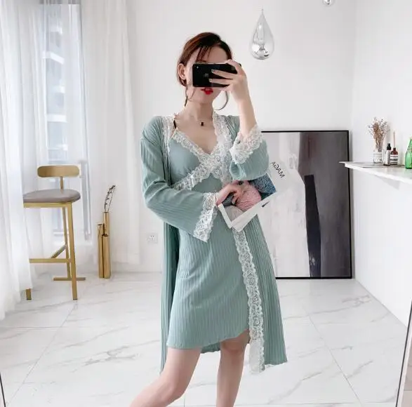 

Fdfklak Sexy bathrobe for women two pieces set spring autumn cotton robe female sleepwear lounge bath robes lace dressing gowns
