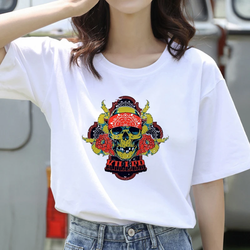 

Cute Skulls Printed Short Sleeve Tshirt Fashion Summer Ladies Graphic Clothing Female T Shirt Women T-shirt Tee tops