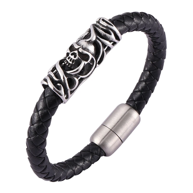 Панк рок плетеный кожаный ручной браслет с черепом магнитный пряжкой для мужчин