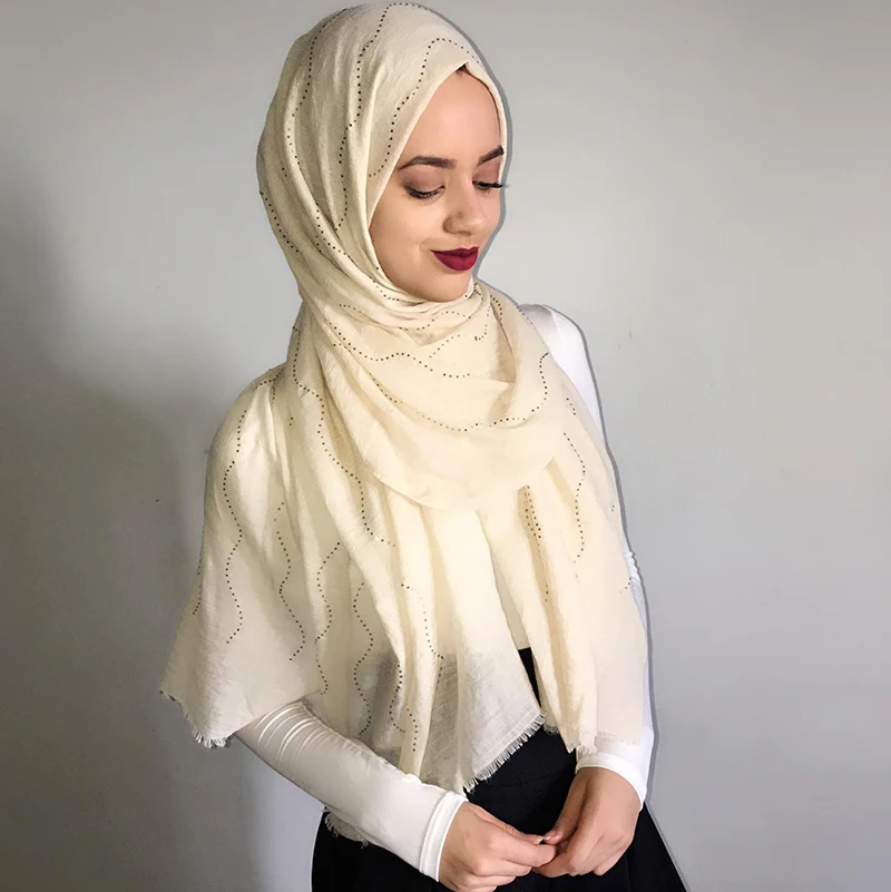 

Women High Quanlity Cotton Plain Diamond Glitter Shawls Hijab Raised Grain Long Headband 10 Color scarves/scarf 180*85cm