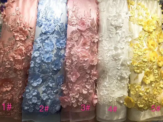 

Light Blue Pink Yellow Ivory Multi Colors 3D Lace Fabric With Blue Flowers, Embroidered Lace Fabric With 3D Flowers