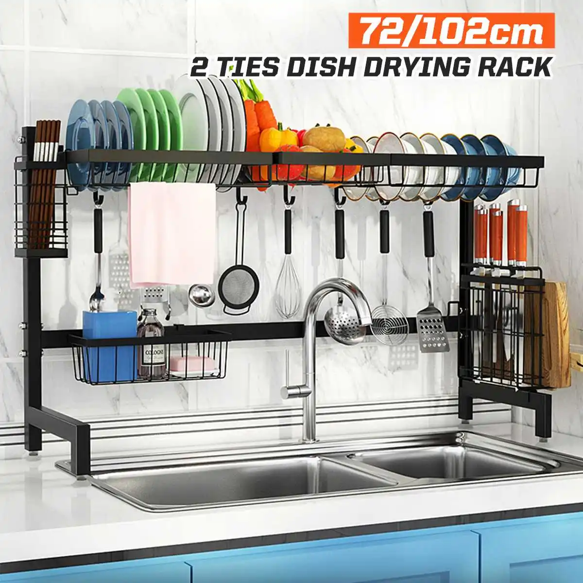 

Stainless Steel Kitchen Shelf Organizer Dishes Drying Rack Over Sink Drain Rack Kitchen Storage Countertop Utensils Holder