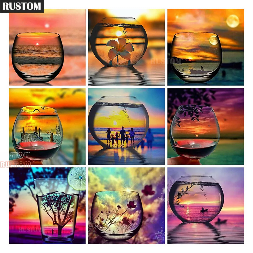 

Full Square/Round Diamond Painting Sunset Mosaic Rhinestones Pictures Diamond Embroidery Seaside Landscape Cup Wall Art Rustom