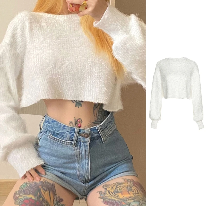 Женский Пушистый свитер с длинным рукавом и круглым вырезом однотонный пушистый