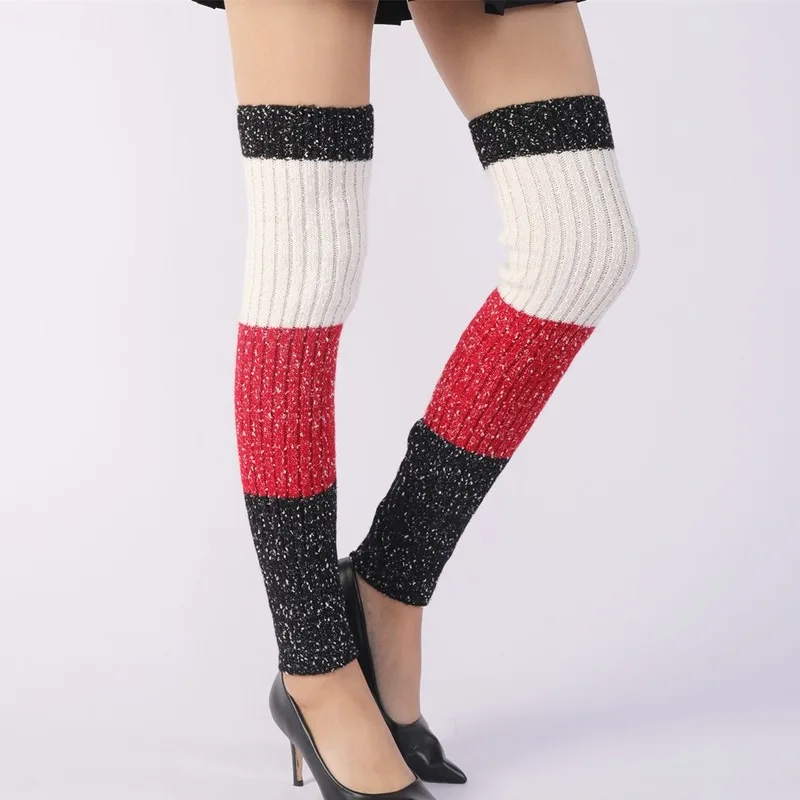 Sparsil Women Winter Cashmere Stripe Stockings Leg Warmer Thicken Lengthen Knitting Kneepad Long Socks Warm Boot Cuffs Long Sock