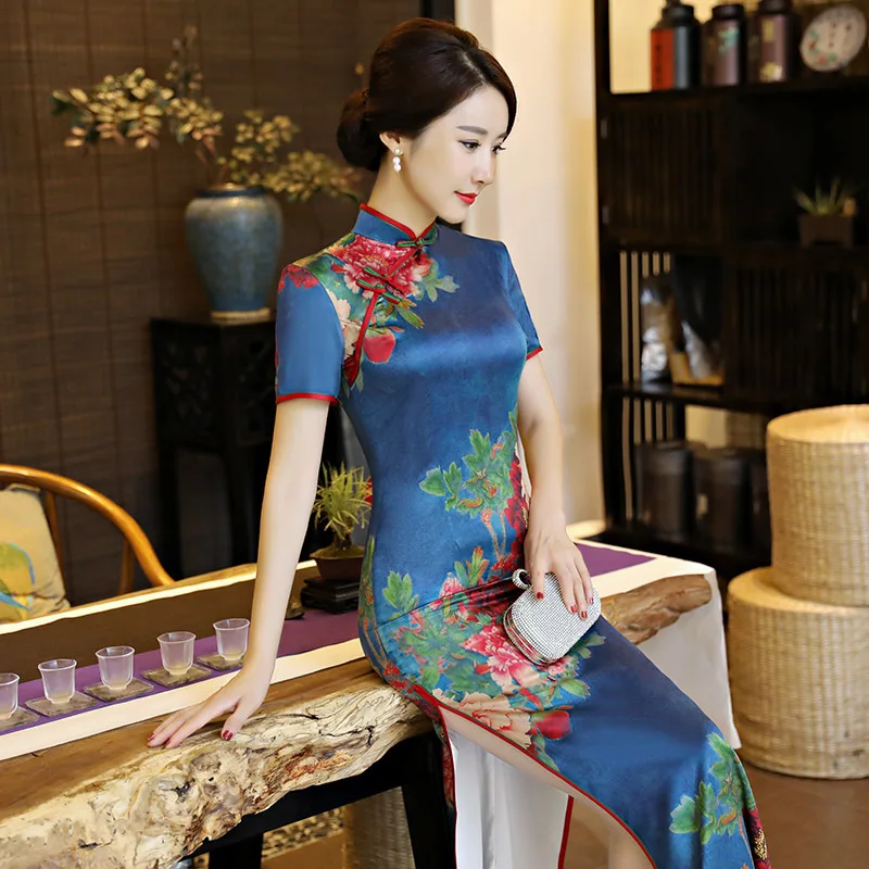 

Sexy Satin Chinese Traditional Evening Dress Cheongsam Yarn Qipao Elegant китайское платье Slim Daily Ципао Daily Home плат