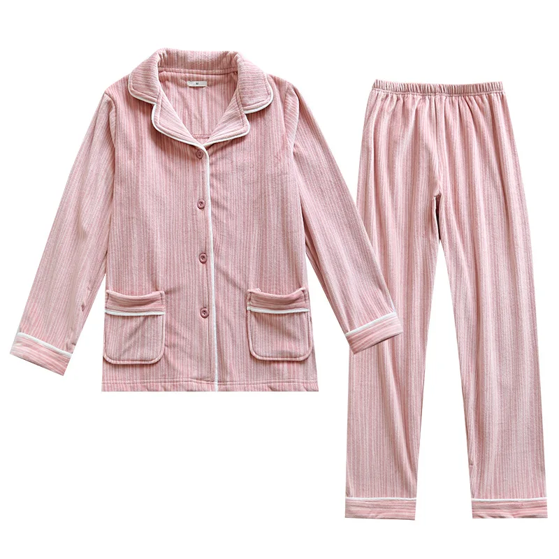 

Women Winter fleece-lined couple pajamas thickened warm lapel home clothes set long sleeve trousers two-piece set couple pajamas