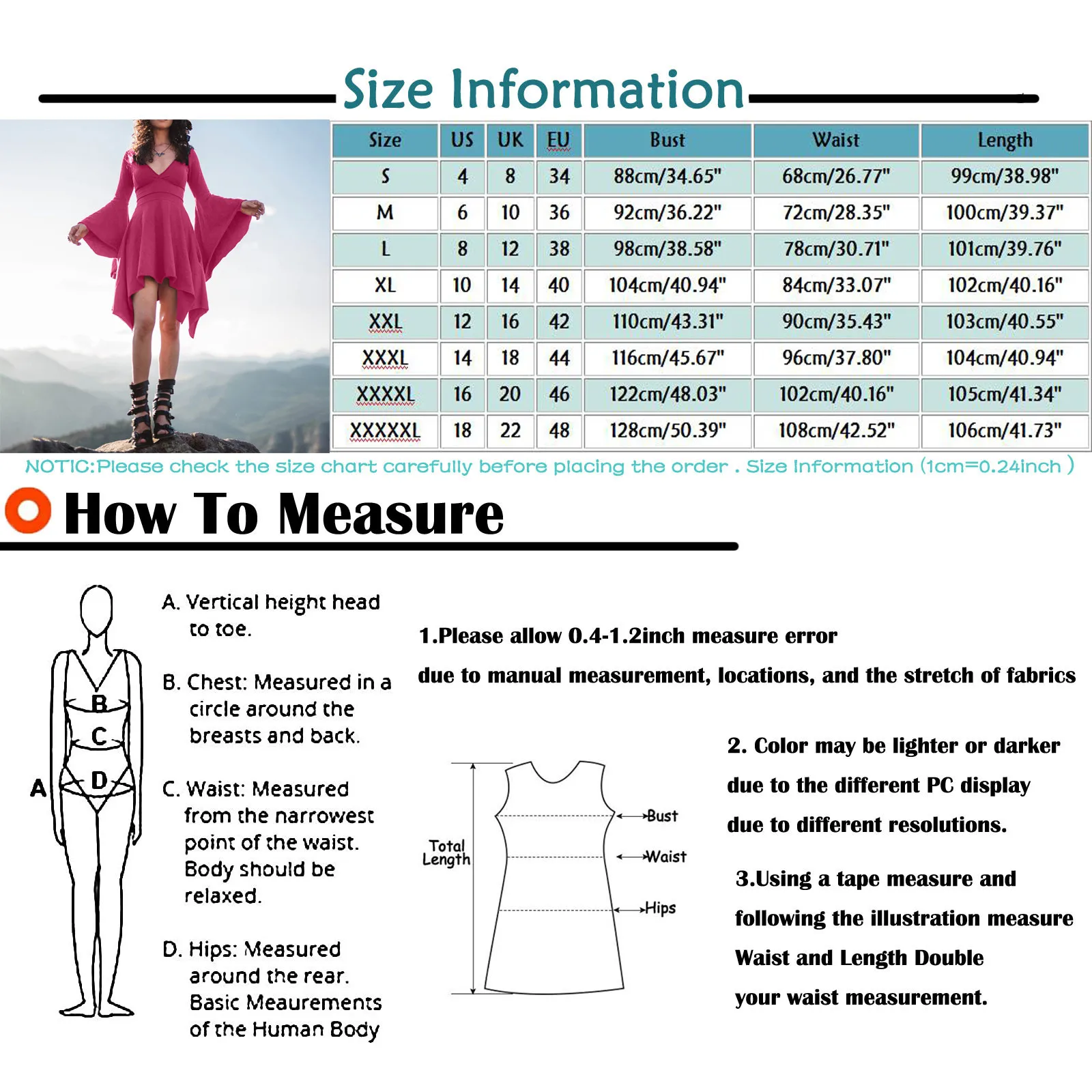 

Fashion Women's Casual Solid Colors V-nck Gothic Retro Long Sleeve Flare Sleeve Vintage Irregular Party Club Dress Vestidos#g3