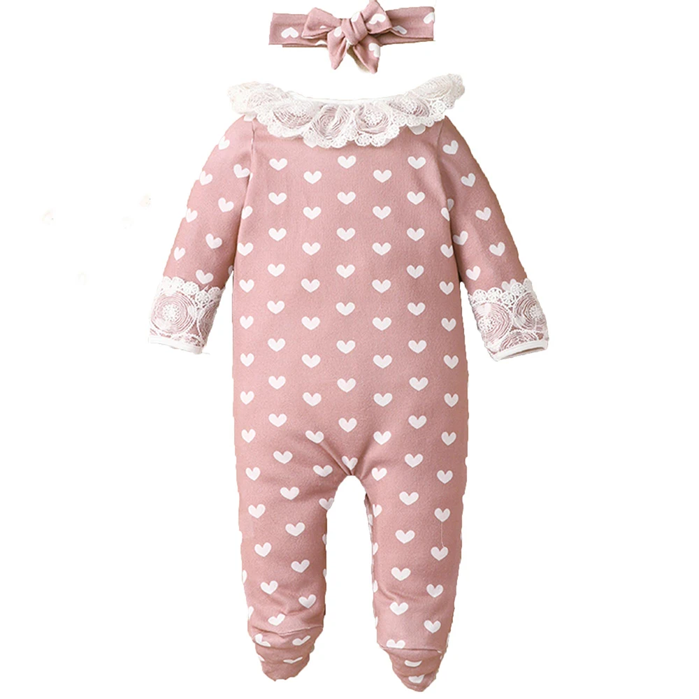 

Newborn Baby Girls Long Sleeve Heart Print Jumpsuit Round Neck Cute Pullover Lace Patchwork Romper Headband 2PCS Set Clothing