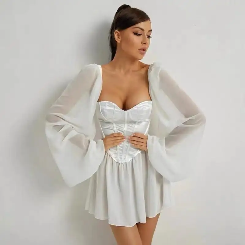 

Women Bodycon Dress Female Lantern Sleeve Y2K Corset Chiffon Dresses Outfit Sexy Party Mini White Dress 2021