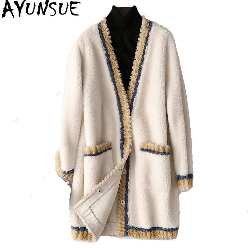 

AYUNSUE Real Sheep Shearling Fur Coat Female Wool Coats Winter Jacket Women Lamb Fur Korean Long Jackets Chaqueta Mujer MY4025