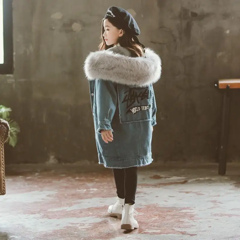 

Girls Denim Jacket 2020 Autumn Winter Children Plus Thick Velvet Cotton Padded Jackets Kids Fur Collar Hooded Long Denim Parkas