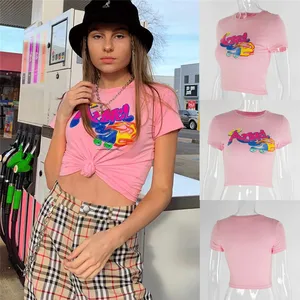 Женская футболка с коротким рукавом, повседневная однотонная облегающая футболка с буквенным принтом в Корейском стиле, уличная одежда, лето 2020