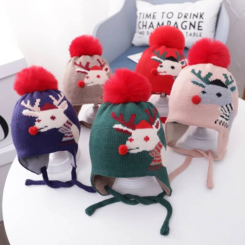 Вязаная шапка для маленьких мальчиков и девочек рождественские шапки с оленями