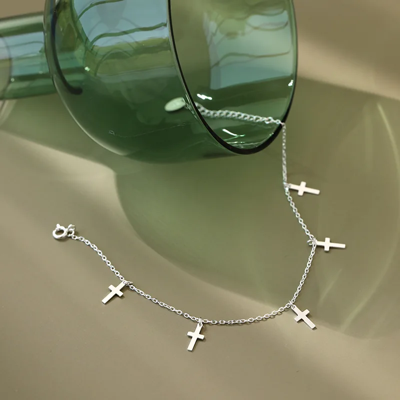 

925 Sterling Silver Cross Lucky Anklets For Women INS Frosty Style Fine Jewelry Flyleaf