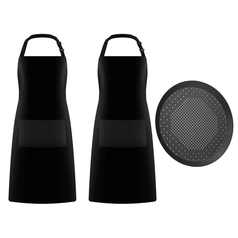 

2-Pack Black Adjustable Bib Apron With Pizza Pan With Holes,9 Inch Pizza Crisper Cooking Pan,Pizza Tray