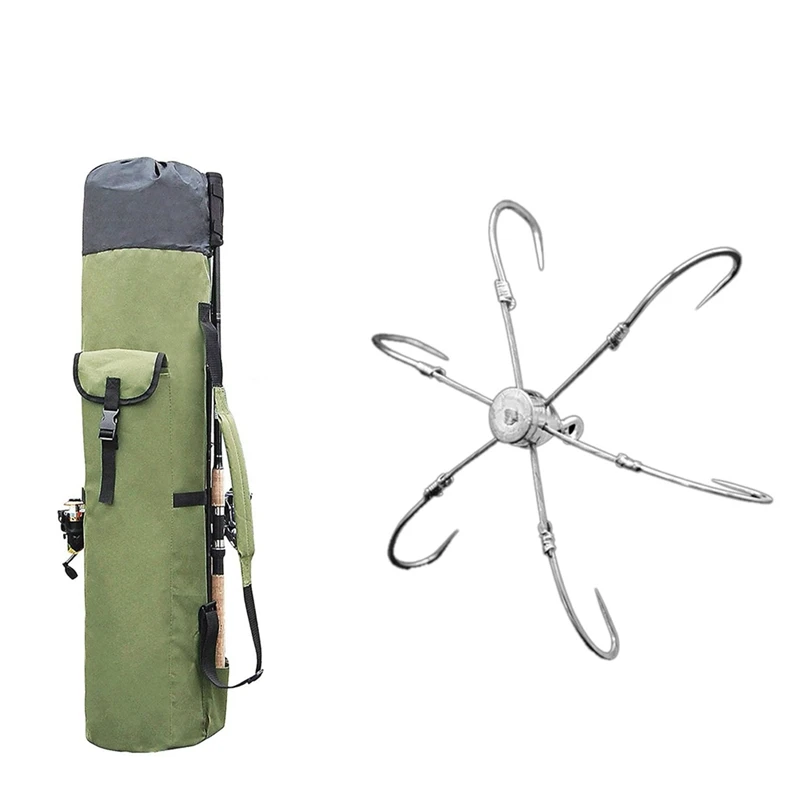 

1 Pcs Fishing Bags Portable Multifunction Nylon Fishing Rod Bag & 1 Pcs Anchor Hook 6 Claws Lead/Copper Crab Hook