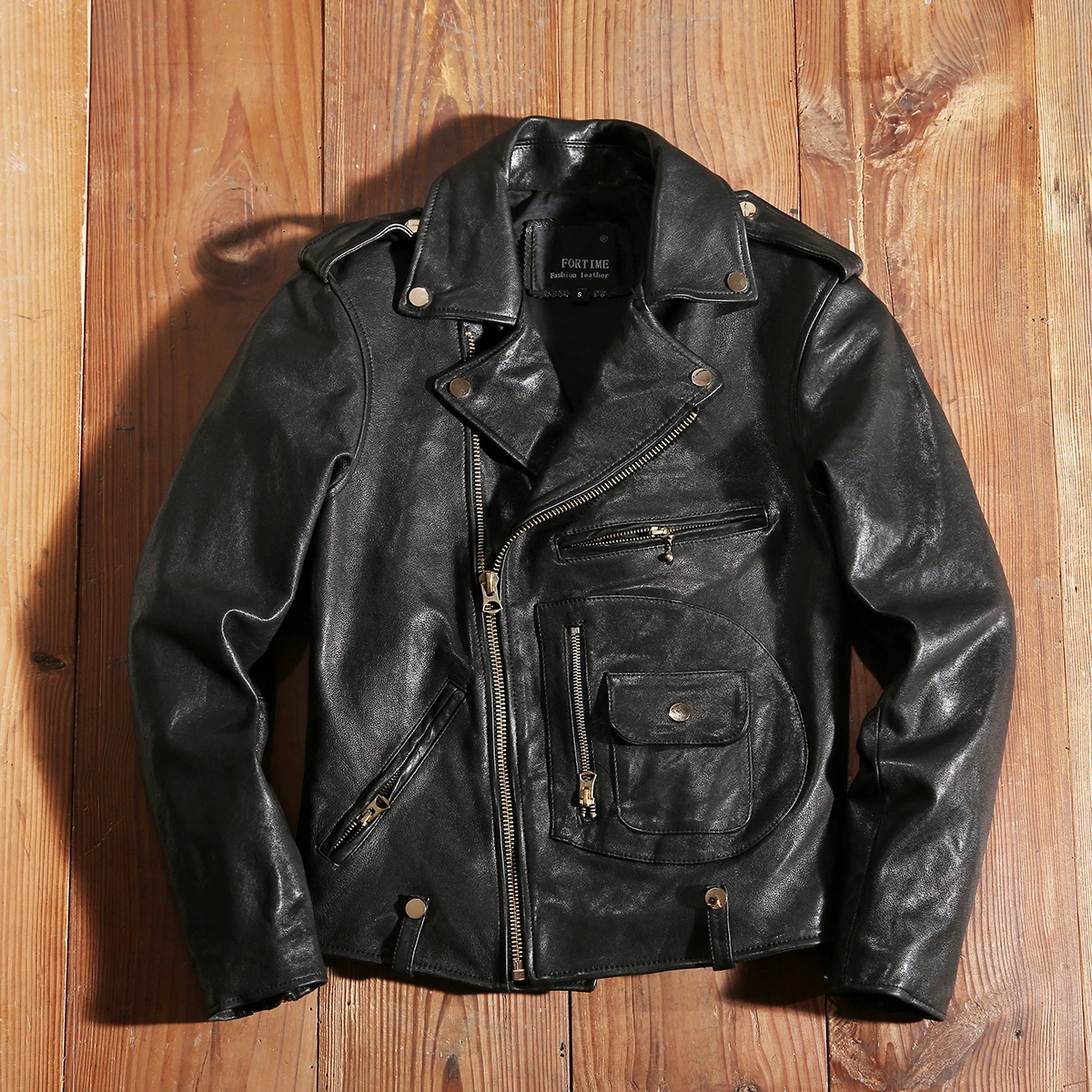 

Men's Short Slim Biker Jacket Multi Pocket Vegetable Tanned Sheepskin Leather High Quality Coat Black Oblique Zipper Clothing