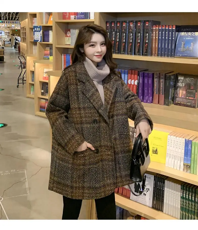 

New Women Plaid Wool Blends Coat Winter Autumn Fashion Elegant Tweed Woolen Outerwear Female