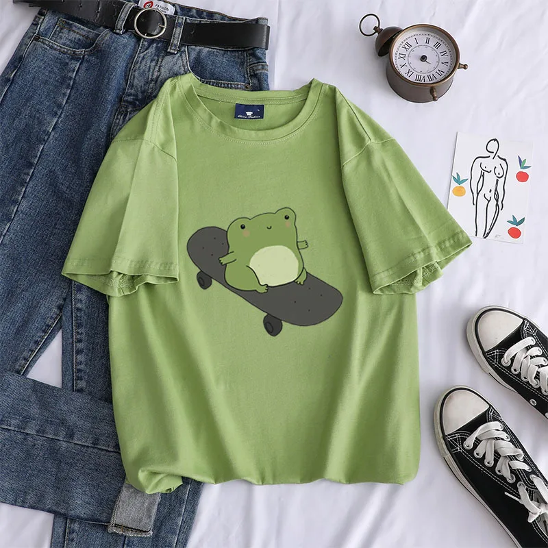 

New Skateboard Frog Kawaii Women's Short Sleeve Cotton T Casual Personality Trending Girlfriends Korean Harajuku Tee Cotton Top