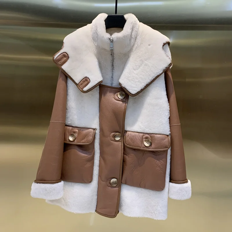 

SHZQ Luxury Winter Coat Women Clothes Natural Genuine Leather and Fur Jacket with Hooded Real Sheepskin European Outwear