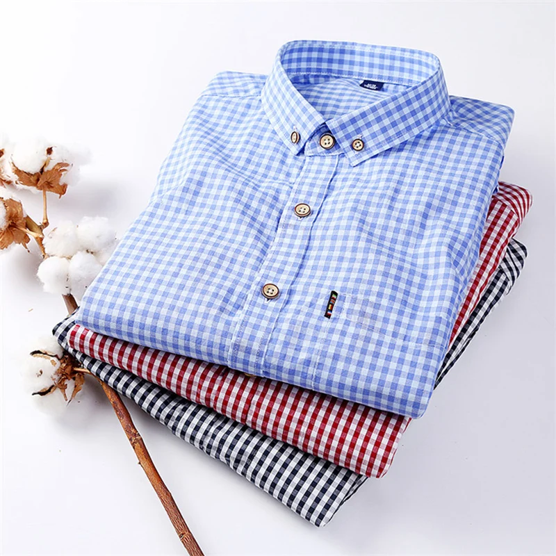 Thin 100% Cotton Plaid Shirts for Men Long Sleeve Regular Fit Checkered Dress shirt Mens Blue New 2020 Soft Comfortable Male