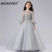 bepeithy ball gown sliver long sleeves flower girl dress for wedding party little kids lace celebrity pageant gown 2021 new