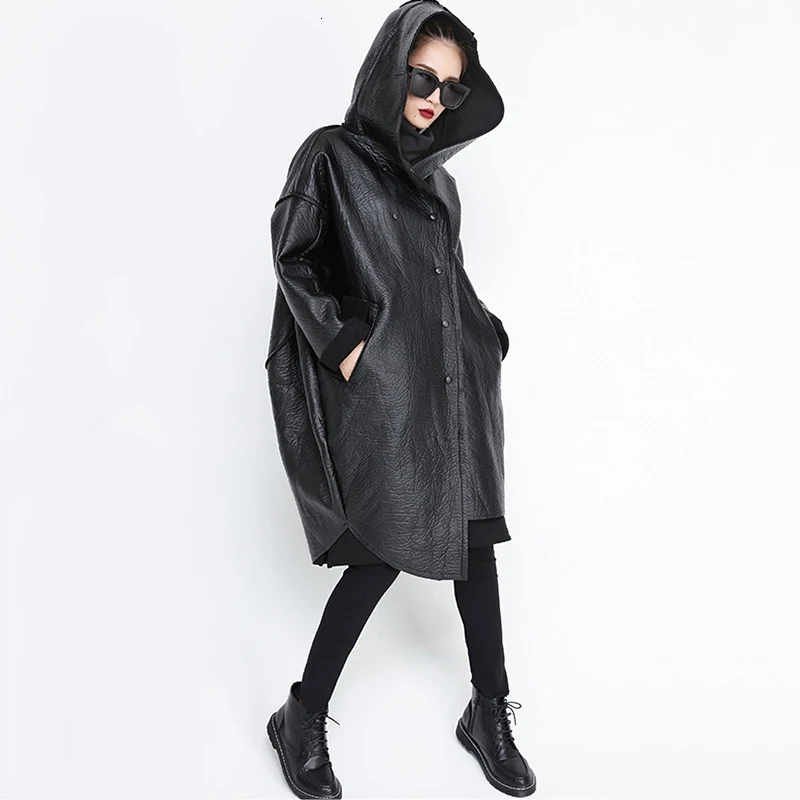 TWOTWINSTYLE, свободный крой, с капюшоном, черная, из искусственной кожи, толстая, большой размер, куртка, новинка, длинный рукав, Женское пальто, модное, Осень-зима