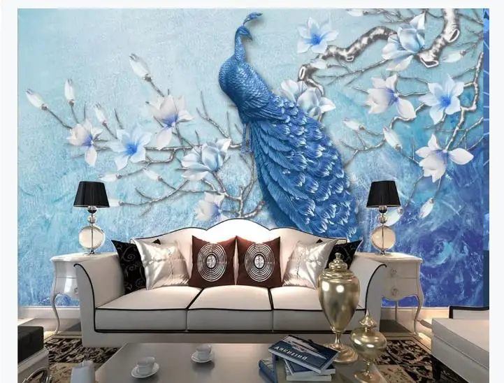 Новый стиль 3D обои настенные фрески тисненые синие павлиньи тематические для