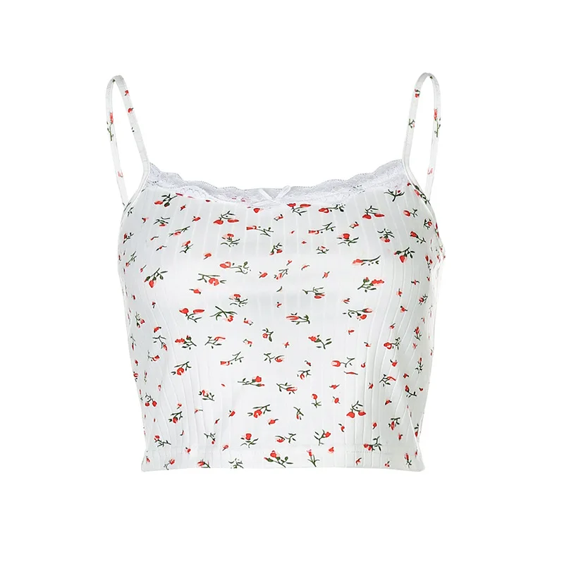 

Spring Summer Floral Printed Kintted Spaghetti Strap Top Women White Cute Casual Sleeveless Camis Tops Patchwork Lace Crop Top