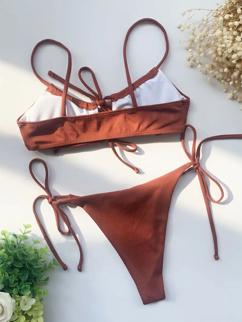 

Women Swimwear Hollow Out Thong Bikini set 2021 Sexy Lace Up Ribbed Bikini Female Swimsuit Bather Bathing Suit Swim