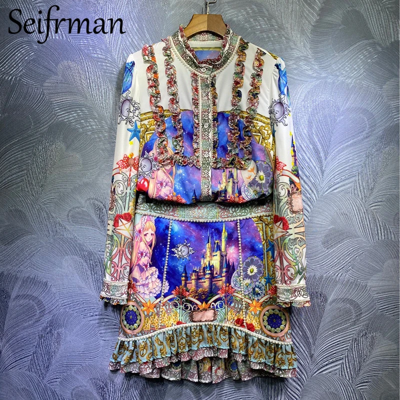 

Seifrmann летний женский модный дизайнерский комплект с юбкой с оборками и бисером с длинным рукавом свободные блузки с принтом + короткие юбки 2...