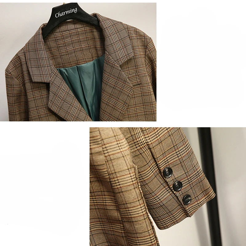 Женский костюм куртка осень 2019 новый тонкий двубортный большого размера в клетку