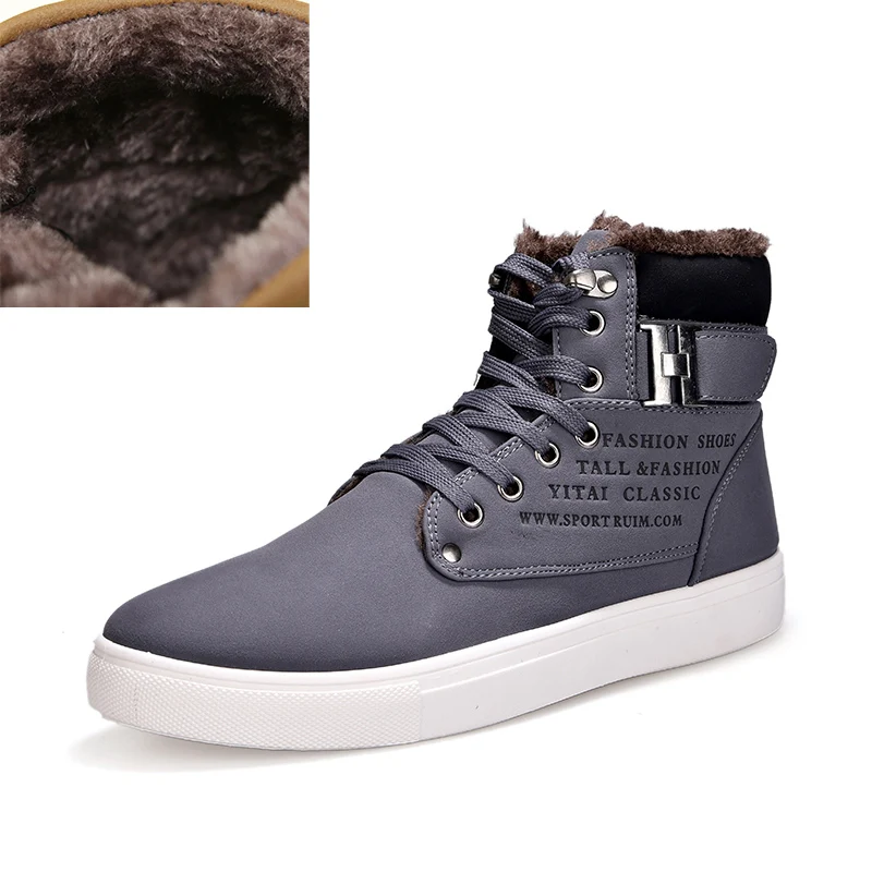 gray Fur Мужские ботинки Осень-Зима Большие размеры 38-47, модные теплые кожаные ботинки на меху со шнуровкой для мужчин, высокие зимние повседневные ботинки для мужчин - Цвет: gray Fur