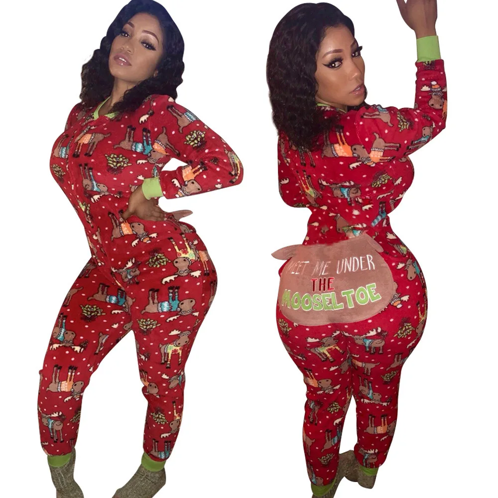 

Long Sleeve Christmas Jumpsuit Home Clothes Cartoon Fashion Print Bodycon Stretch Romper Pajamas Deep V Neck Zipper Home Wear