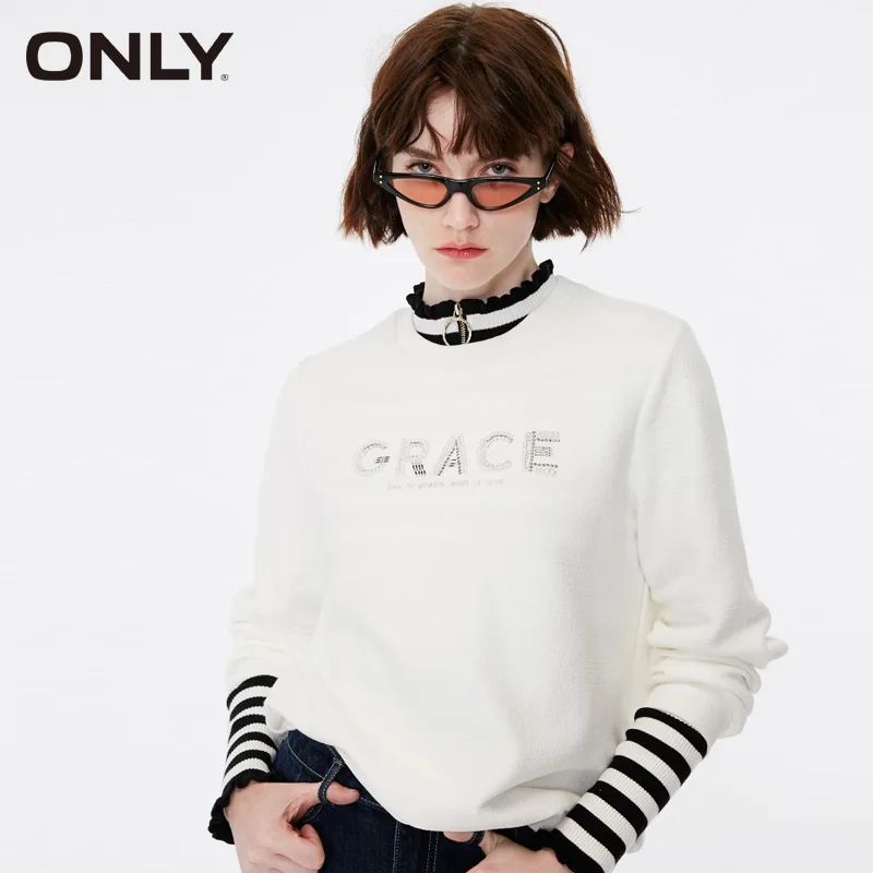 Женский пуловер с круглым вырезом и буквенным принтом из бисера Толстовка