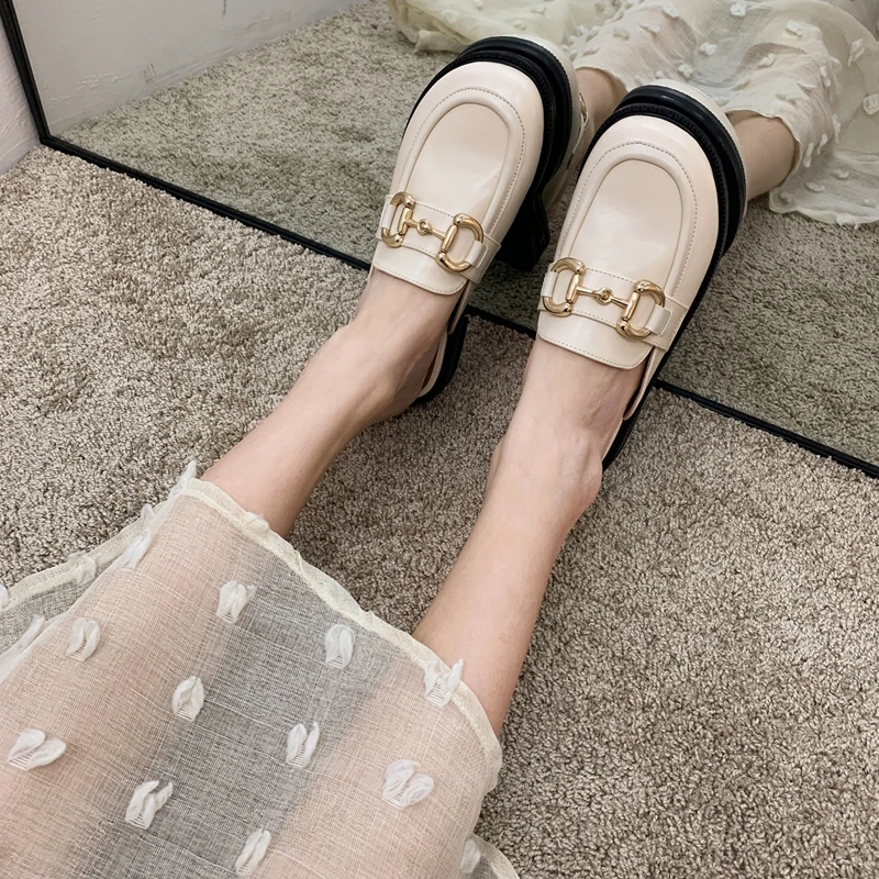 

DLEK women slippers black PU leather rubber outsole non-slip low heel square heel female spring summer metal decoraton slippers
