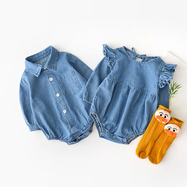 

Infant Baby Twins Clothes Long Sleeve Lapel Collar Rompers Brother and Sister Clothing Solid Color One Piece Denim Playsuit