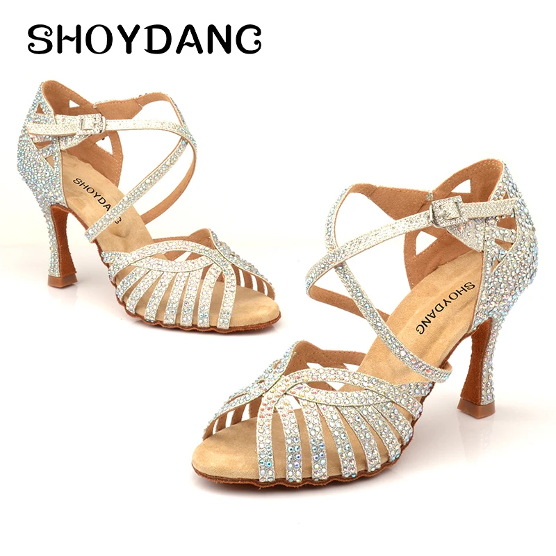 

New Latin Dance Shoes Silver Rhinestone Ladies Ballroom Dance Shoes Indoor Soft Bottom Party Dance Shoes Just In The Girls