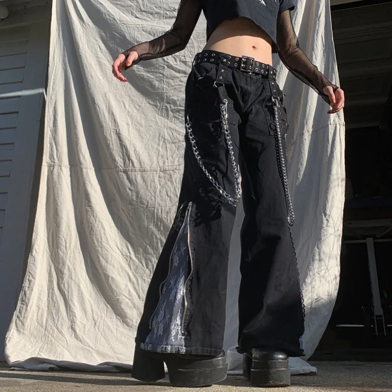 

Женские джинсы-карго в стиле Харадзюку, черные мешковатые джинсы в стиле пэчворк с высокой талией, уличная одежда 90-х годов, прямые брюки с к...