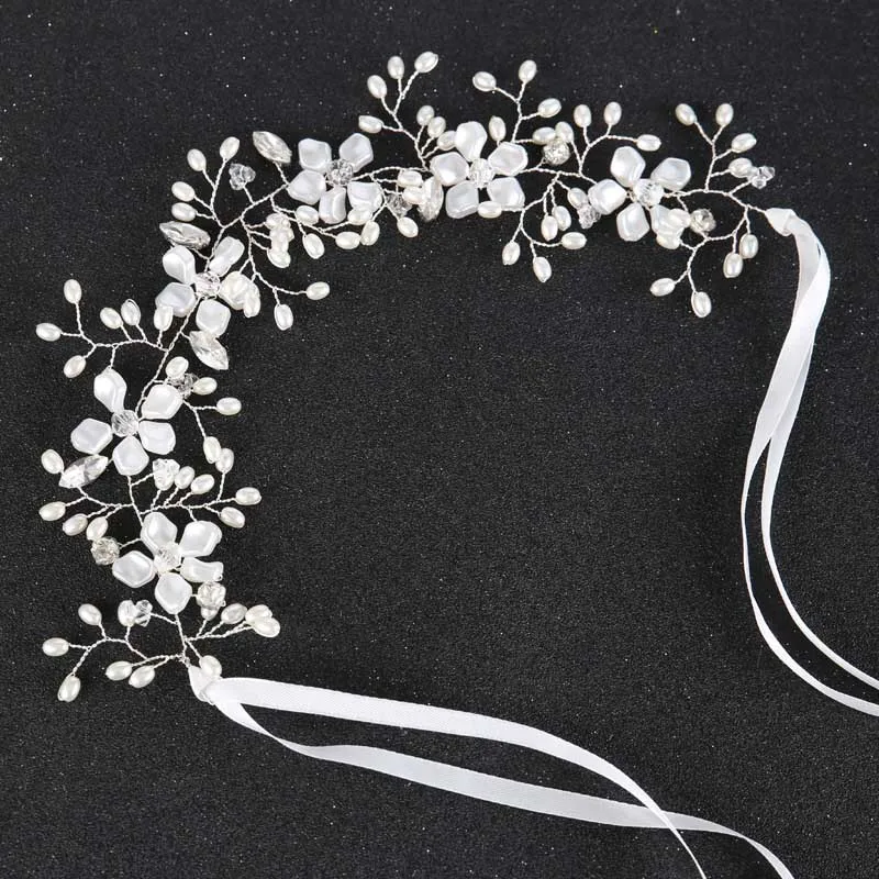 

White Flower Bridal Headbands with Ribbon Pearls Hairbands Headpieces for Women Girls Bridal Wedding Hair Jewelry Accessories