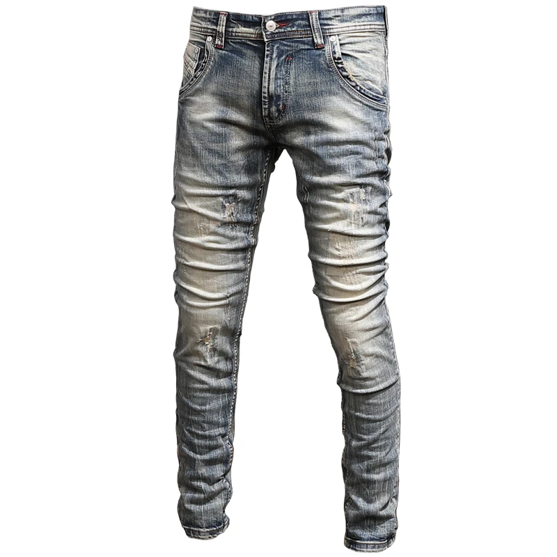 Summer Men's Vintage Blue Ripped Jeans Casual Straight Slim Fit Pants Streetwear Cotton Stretch Denim Trousers