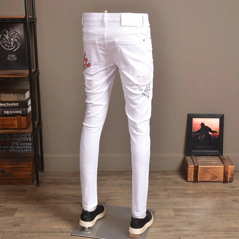 

Fashion Brand White Jeans Men Stretch Slim Letter Printed Cowboy Pencil Pants High Quality Casual Denim Biker Trousers Male