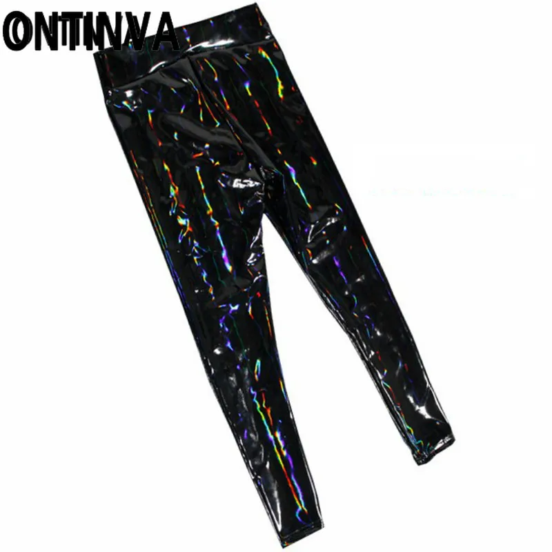 Дамы с мокрым эффектом леггинсы из искусственной кожи черные обтягивающие