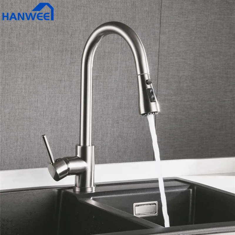 Кухонный кран из матового никеля выдвижной носик с одним отверстием и смеситель