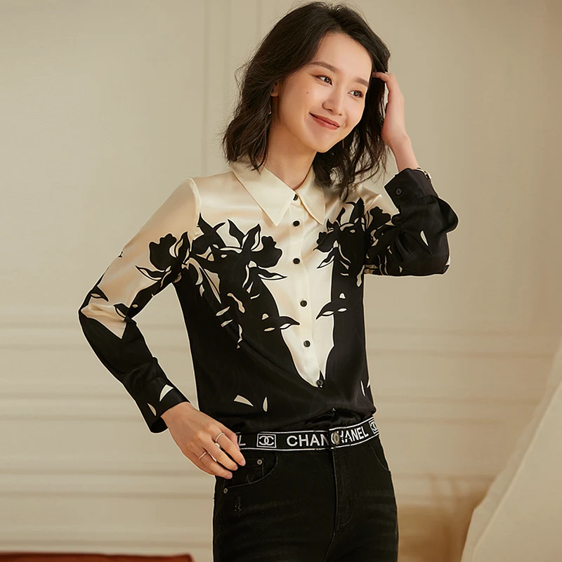 High Quality 95% Silk Blouse Women Casual Style Flower Printed Shirt Turn-down Neck Long Sleeve Tops Elegant New Fashion