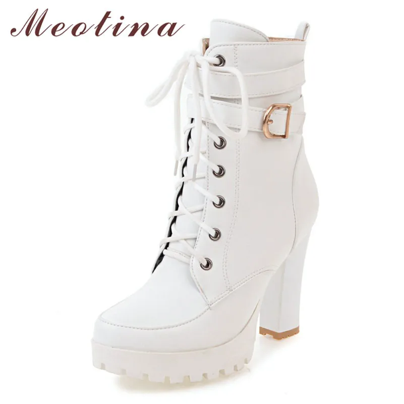 Meotina Winter Ankle Boots Women Zipper Block Heels Short Buckle Extreme High Heel Shoes Ladies White Big Size 34-43 | Обувь