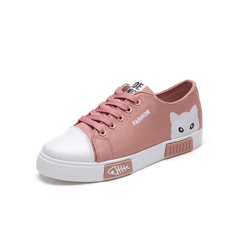 

2021 New Women Flat Cartoon Canvas Shoes 2018 New Summer White Lace Up Student Board Shoes Ladies Casual Shoes Female Sneakers