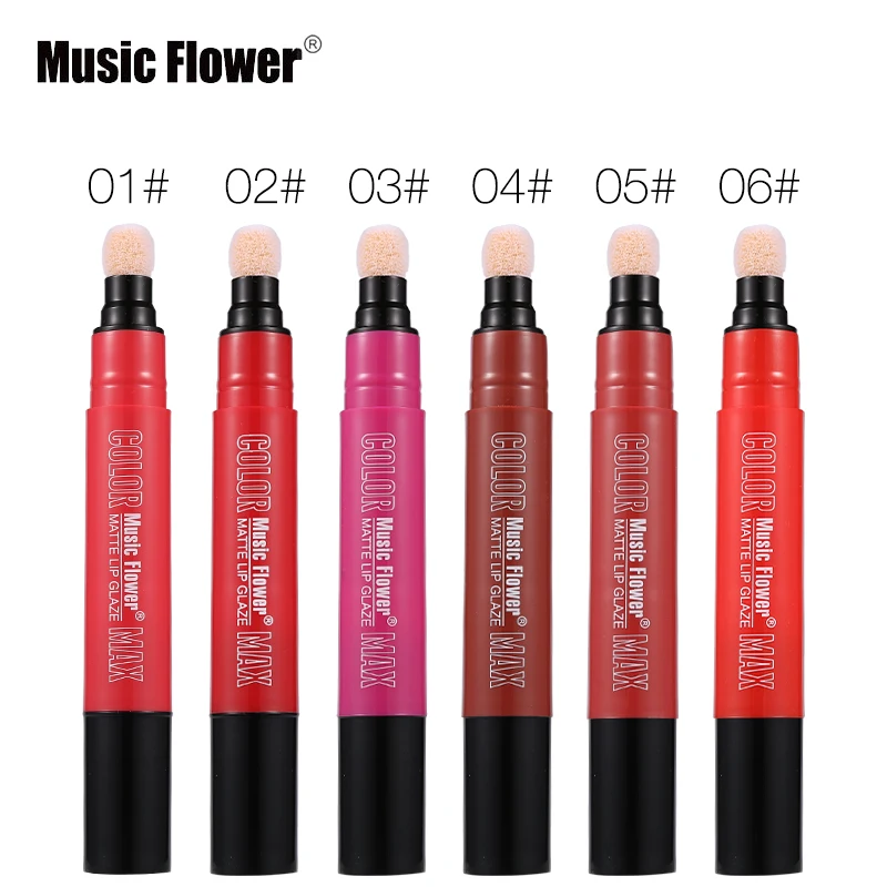 Жидкая губная помада Music Flower макияж вращающаяся губчатая матовая 6 цветов 24 часа