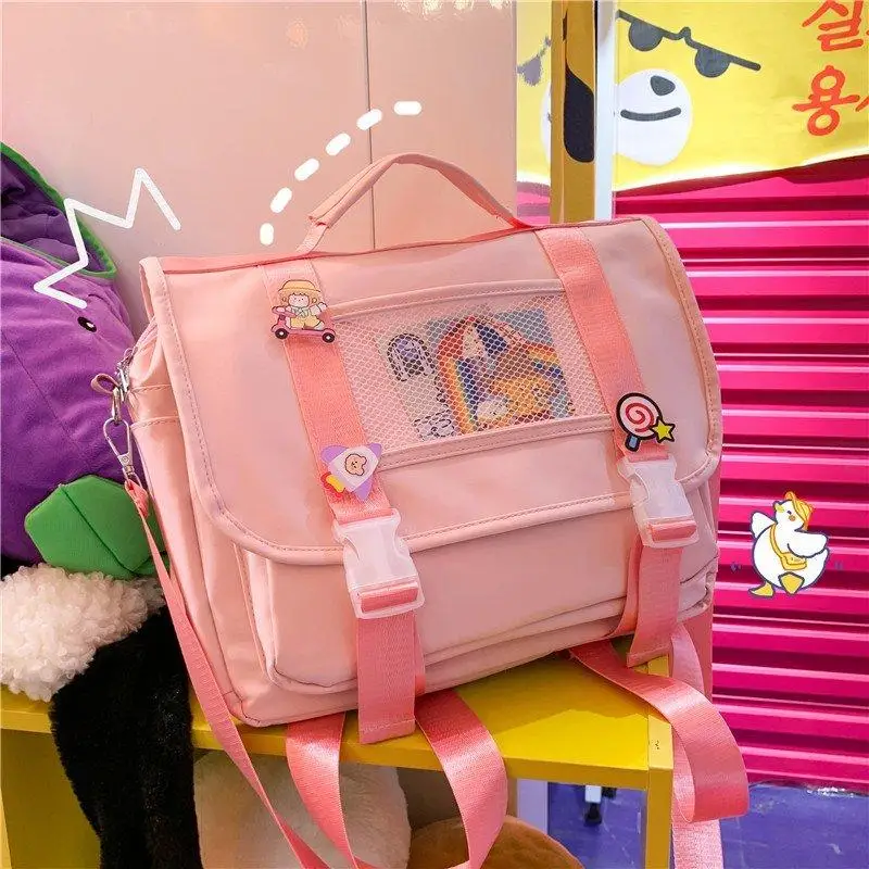 

Kawaii Macaron Badge Backpacks Teenager Girls Messenger School Bags Waterproof Candy Color Multi-Function Horizontal Satchels